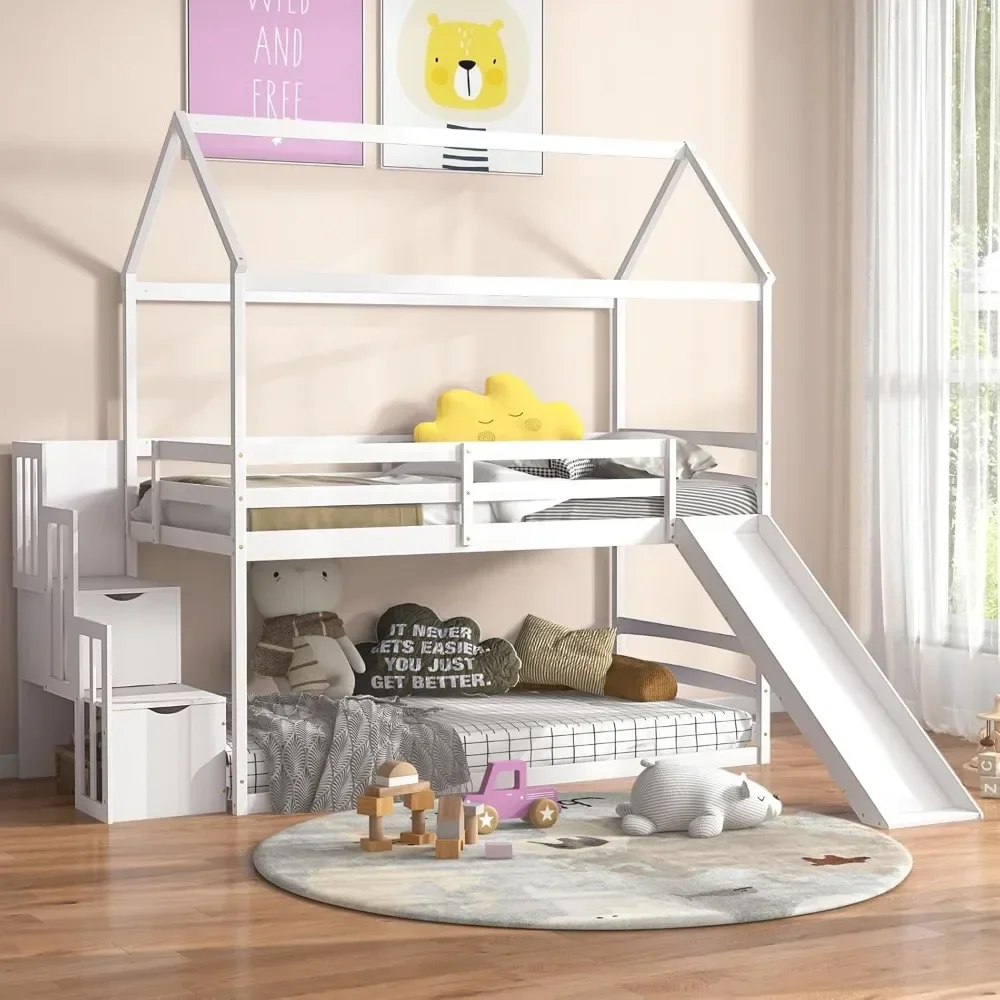 Cama doble infantil, estructura doble de madera, con escaleras correderas y almacenaje, con barandillas de seguridad, cama infantil