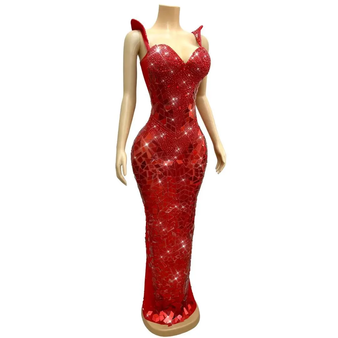 Sexy Red Gold Sparkly Rhinestones Mirrors Suspenders Dress Birthday Party Elegant Gowns Red carpet Show Photoshoot Stage Wear view 3