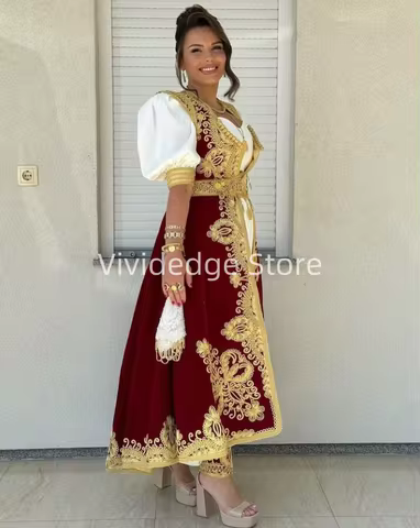 Customized Burgundy Traditional Women's Prom Dress Short Sleeve Gold Lace Appliqued Caftan Mariee Evening bespoke occasion dress