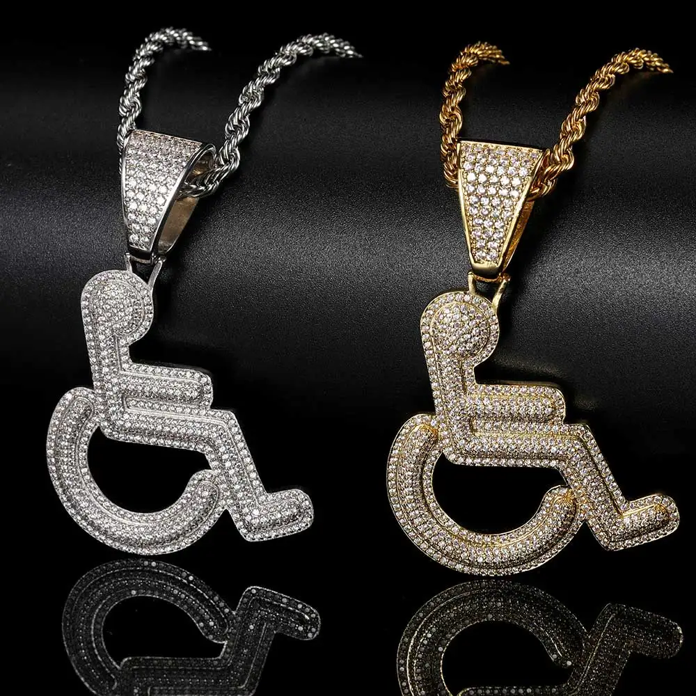 New Hip Hop Jewelry Wheelchair Person Logo Personality Copper Zircon High Quality Iced Out Pendant Necklace Men’s Gift