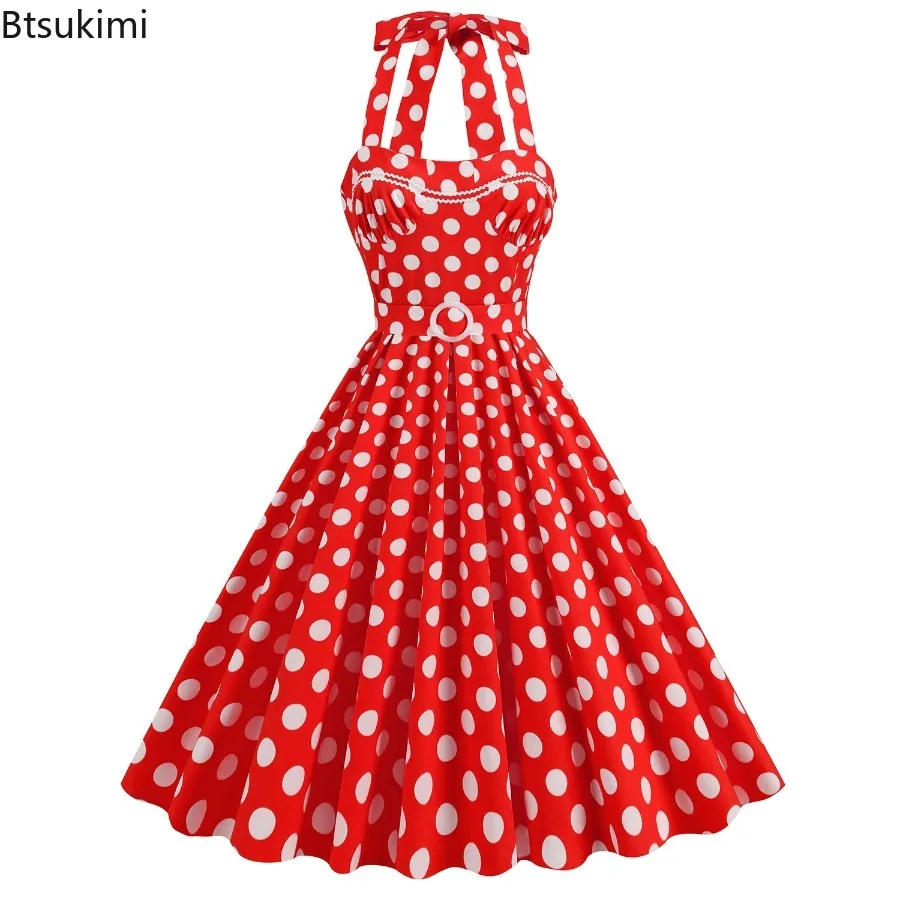 2025 Vintage Casual vrouwen Sexy Strapless Grote Swing Jurk Polka Dot Print Geel Mouwloze Zomerjurk Rockabilly Feestjurk
