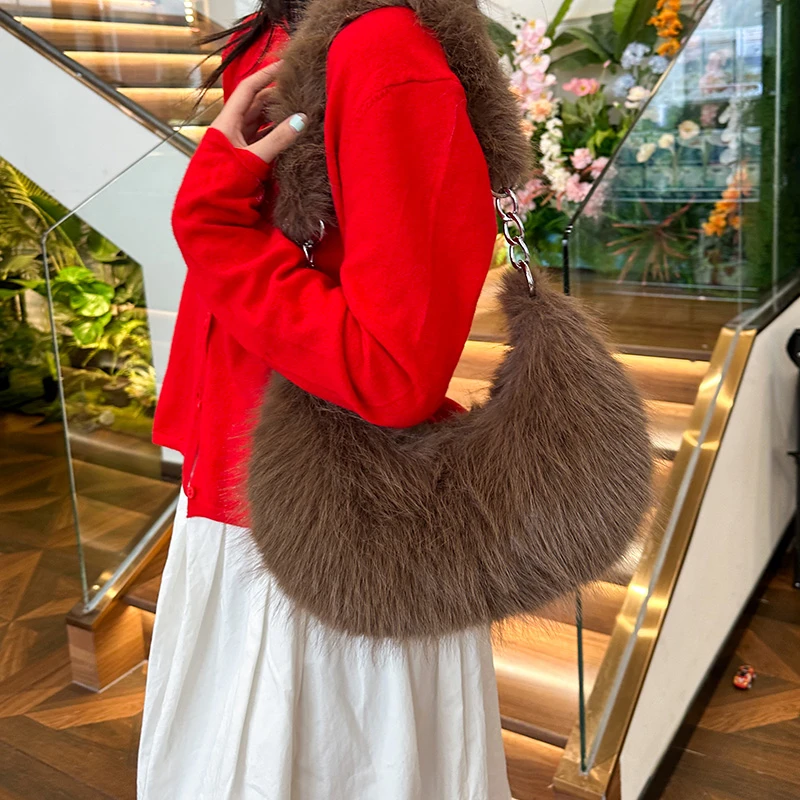 Fashion Half Moon Shoulder Bag Luxury Faux Fur Handbag 2024 New Winter Plush Underarm Bag Purse Soft Fluffy bolsa feminina