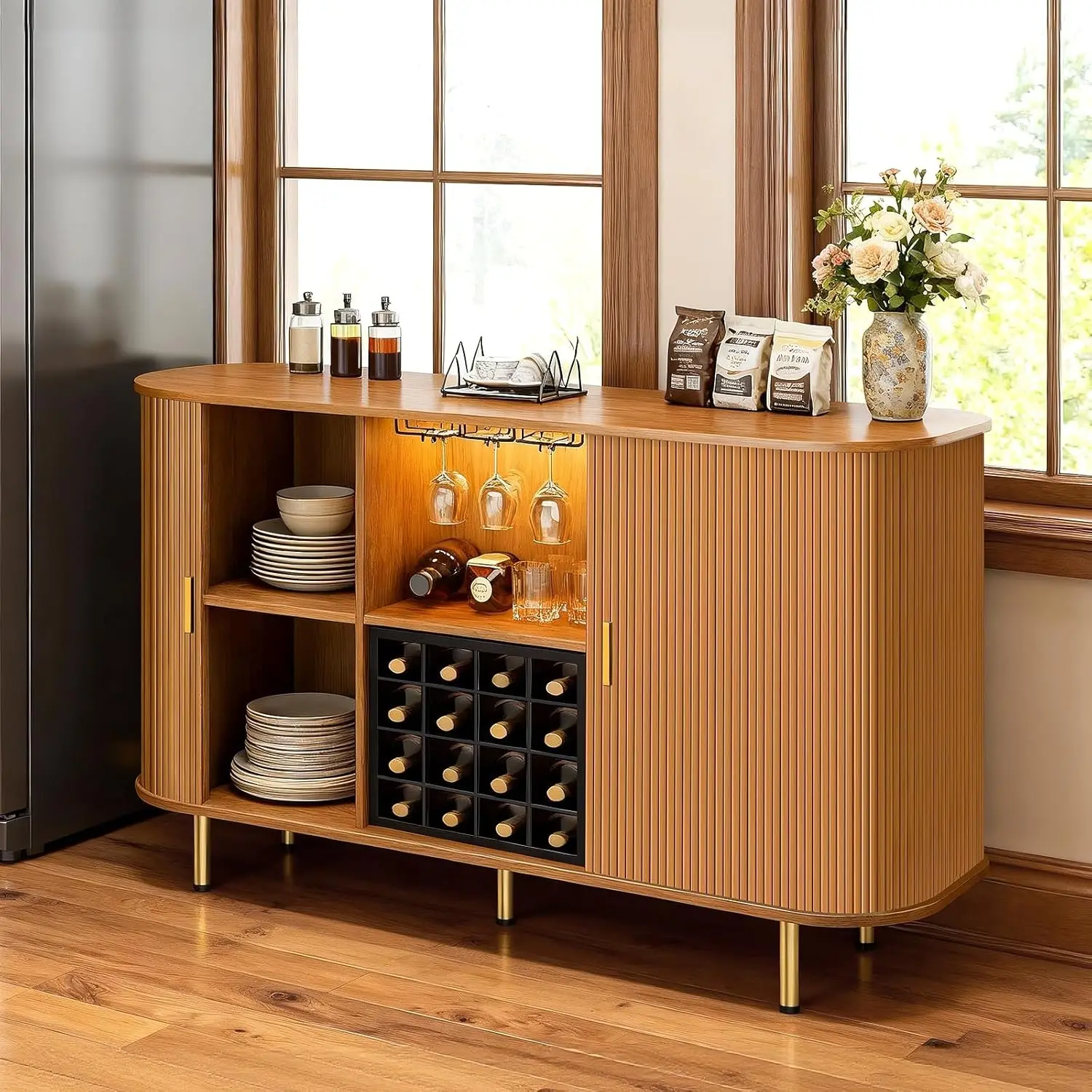 55" Wine Bar Cabinet with Storage, Fluted Liquor & Coffee Bar Cabinet with Wine Rack and Glass Holder, Customized