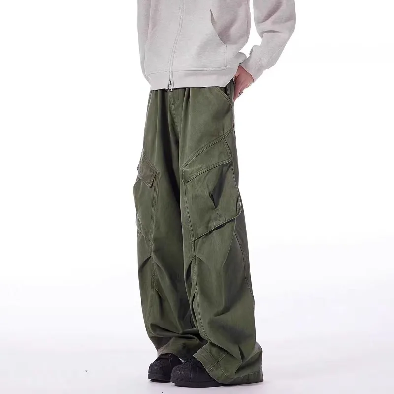 

Американские рабочие брюки в стиле ретро, мужские свободные повседневные брюки со складками, прямые драпированные брюки с большими кетами, молодежная весенняя мода