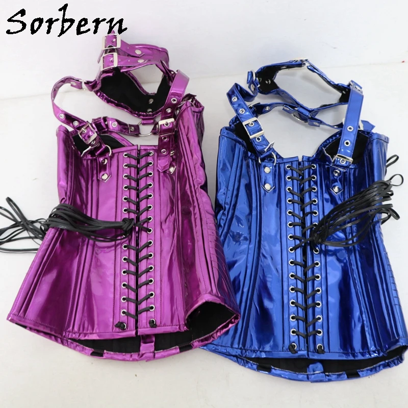 Sorbern-corsé de busto completo metálico personalizado para mujer, corsé de hueso de acero con remaches de cuello, orificios de ojales, cordones en