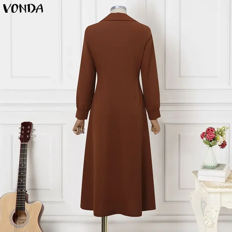 VONDA Elegant Party Dresses Women Long Sleeve Lapel Solid Midi Vestidos 2026 Autumn Spring Buttons Fashion Robe Plus Size 5XL