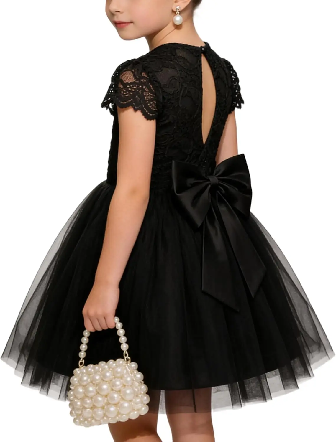 

Customized Flower Girl Dress with Big Bow,Kids Lace Tulle Princess Gown,Wedding Formal Birthday Party Pageant Pleat