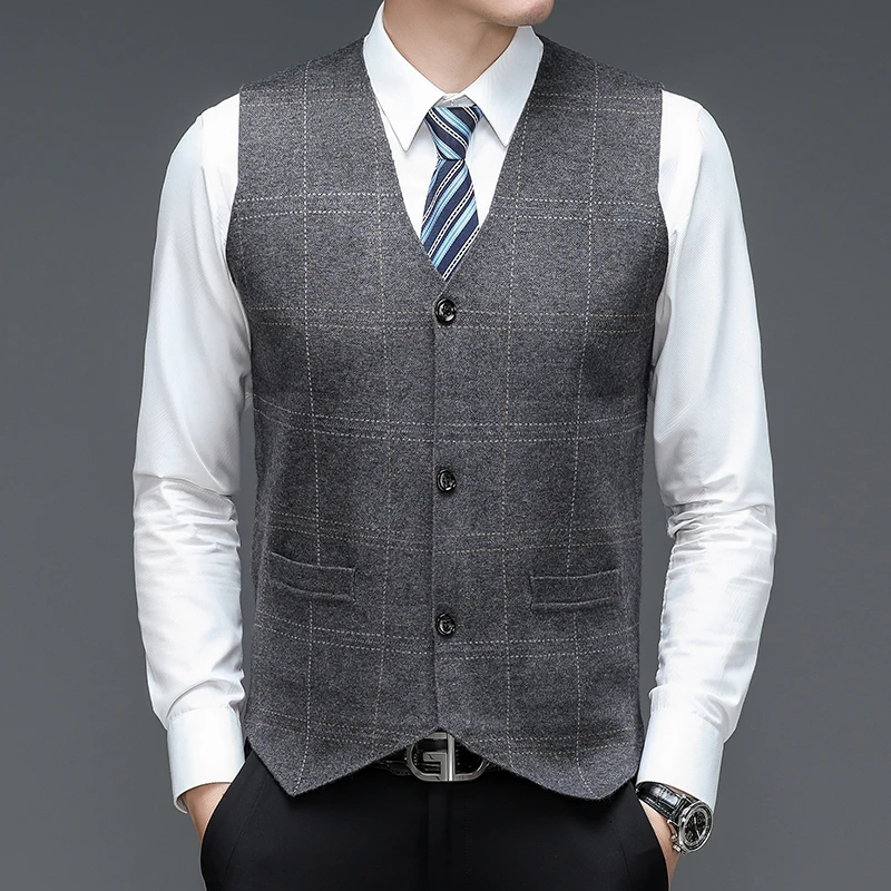 Mens Suit Vest New Autumn Fashion Plaid Waistcoat Business Slim Fit Sleeveless Sweater Office Casual V-Neck Knit Vest Suits