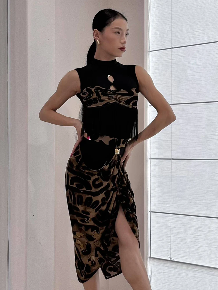 Frauen Latin Dance Anzug Leopard Ärmelloses Top Unregelmäßigen Rock Erwachsene Dance Performance Kostüm Rumba Tanzen Bühne Outfit VBH2442