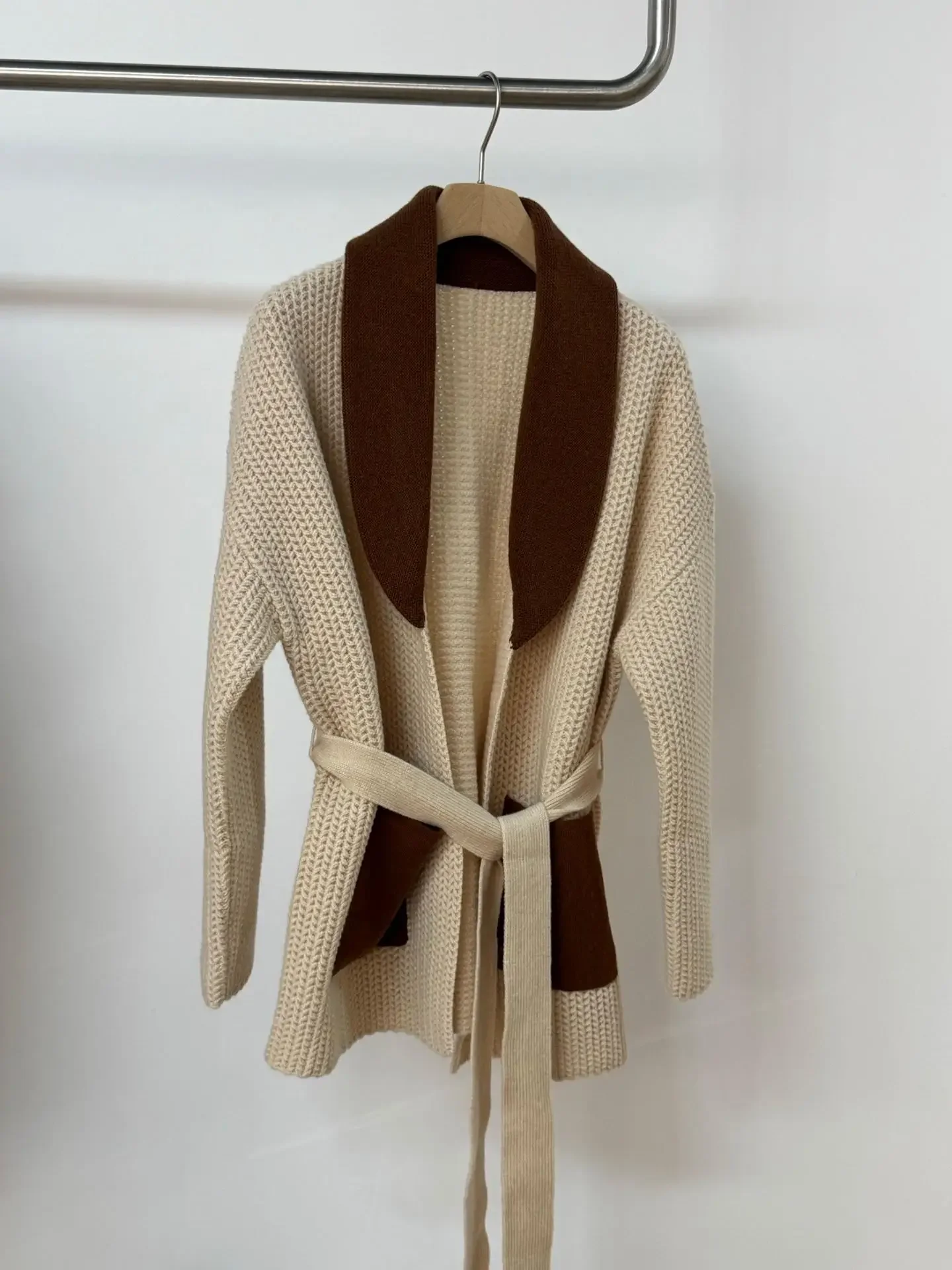 

Cashmere Wool Women Knitted Cardigan Autumn Winter Color Patchwork Pockets Lace-up Waist Long Sleeve Loose Female Sweater