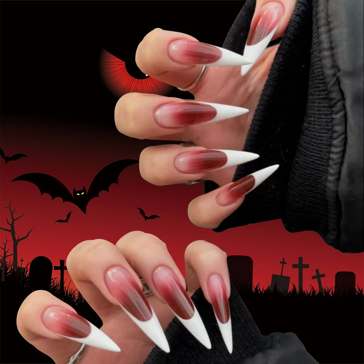 Artificial Halloween Nails Kit Stiletto Press on Nails Long French Tips Fake Nails Red Ombre Glossy Acrylic Nails Full Cover Tip