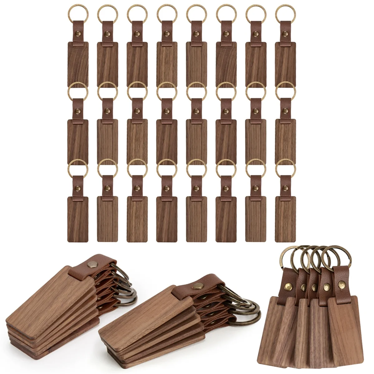 40 Pieces Wood Keychain Blanks with Leather Straps, Blank Leather Keychains for Engraving, for DIY Various Key Tags