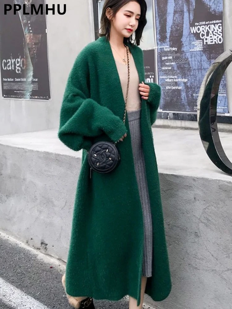 Imitation Mink Long Cardigan Women Casual Loose Soft Sweater Gilet Elegant Fall Winter Fluffy Knitwear Jackets Warm Knit Abrigos