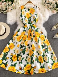 Elegant  Dress Sleeveless A-line Yellow Print Slim Long Dress Party Boho