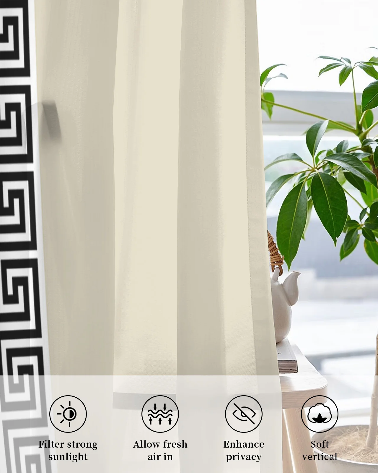 Beige Geometric Greek Key Design Pattern Tulle Living Room Decoration Transparent Sheer Curtains Bedroom Kitchen Voile Drapes