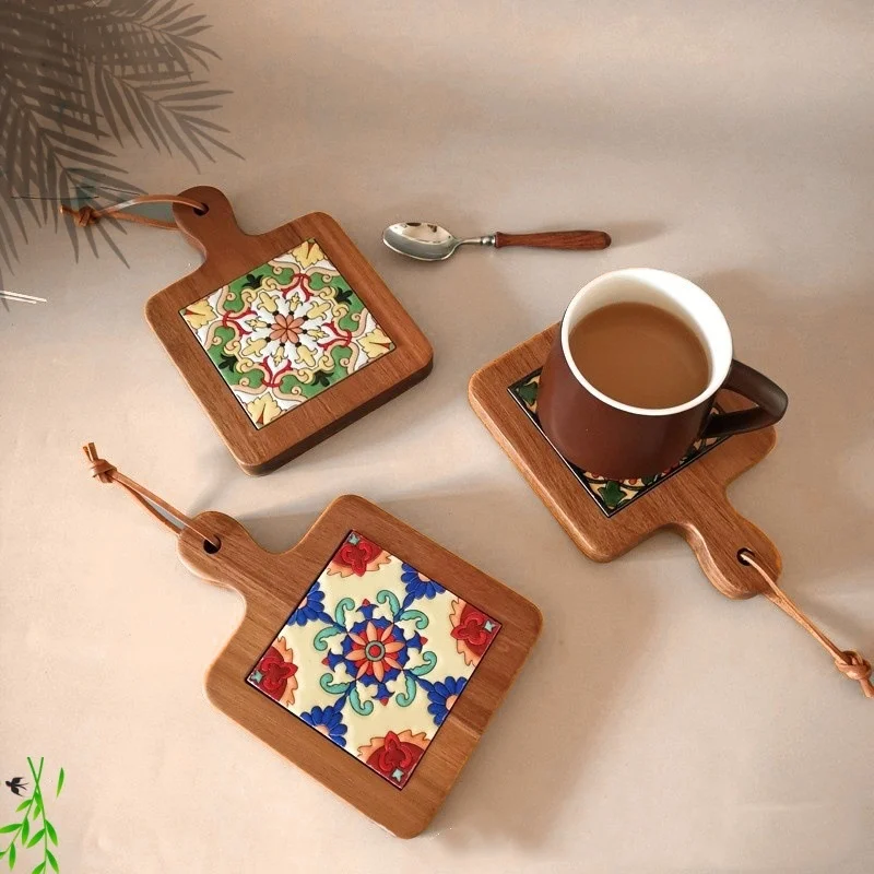 Solid Wood Flower Tile Coasters Heat Insulation Durable Waterproof Coaster Household Restaurant Retro Placemats Casserole Mats