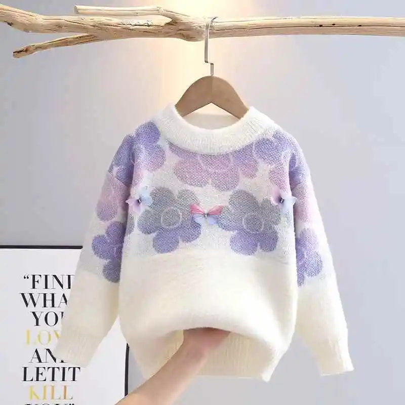 Kids Girls Sweater Cotton Knitted Floral Jacquard Pink Purple Pullover Girl Tops Fall Winter Children Baby Girl Knitwear HY12041