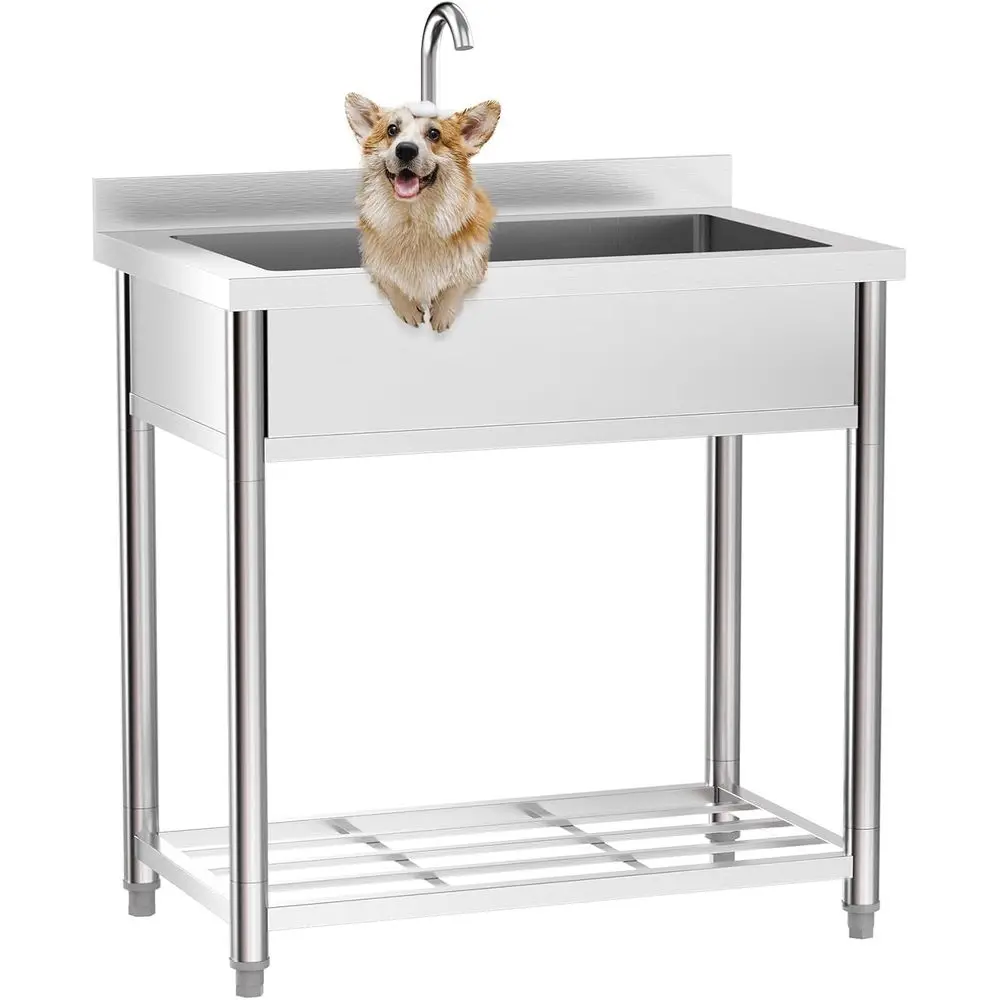 

Stainless Steel Utility Sink with Faucet and Storage Shelf, 35.4"D x 22.4"W x 36.9"H, Deep Single Bowl Freestanding Wash Station