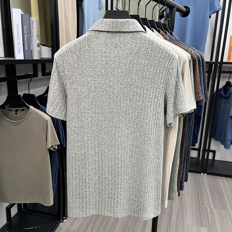 Herren Atmungsaktives Strick-Poloshirt Kurzarm V-Ausschnitt Gestreifter Stoff Bequem Leichtgewichtig Lässig Business Tägliche Kleidung – Detail 22