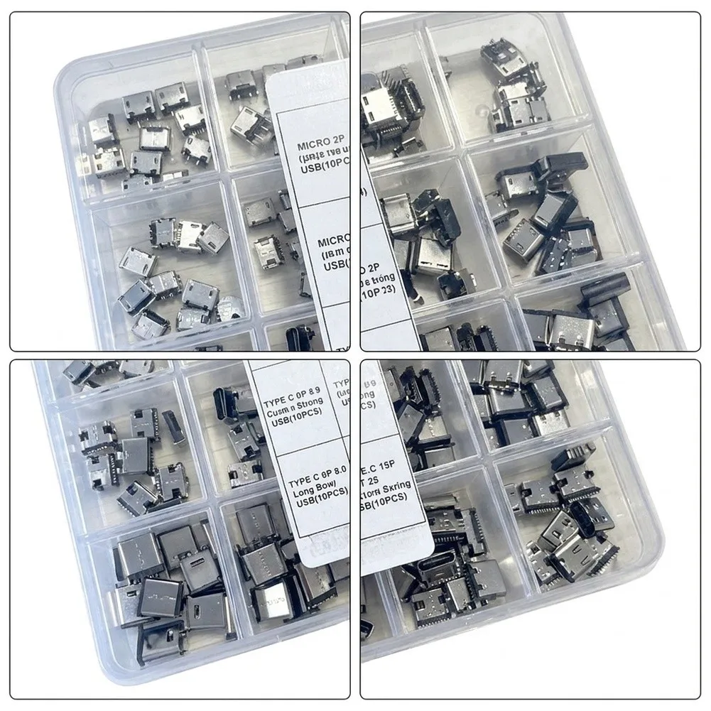 240PCS USB Connector Assortment 24 Types USB C Female Socket For Circuit Board Repair DIY Electronics Tool