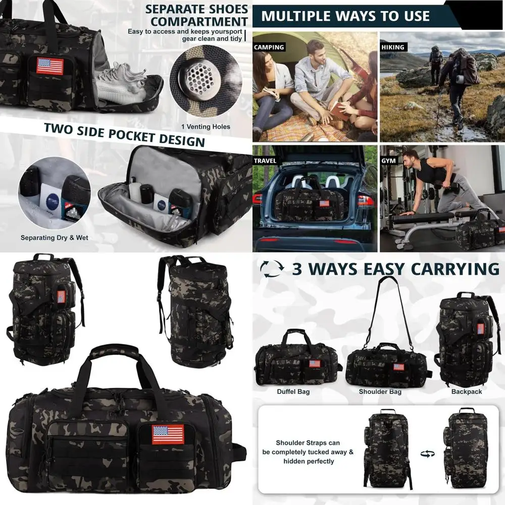 

Большая спортивная сумка-даффл 3-в-1 на 70 л для мужчин — водонепроницаемая, с отделением для обуви и мокрыми вещами, для путешествий и поездок на выходные