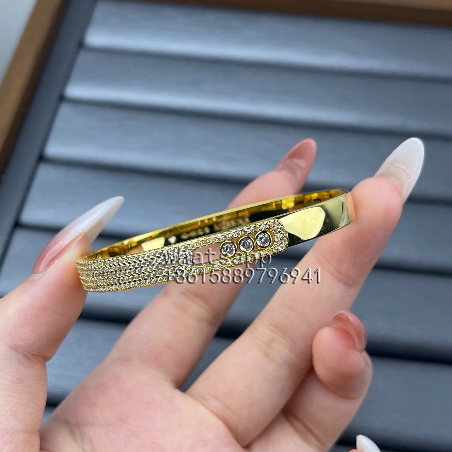 Rose Gold Brushed Bangle Bracelet, Three Floating Stones Oval Slider Cuff image 3