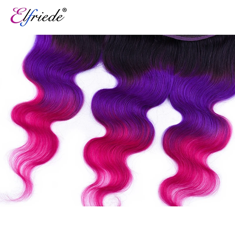 Elfriede Body Wave Ombre Colored #T1B/Purple/Rose Red Hair Bundles with Frontal Remy Human Hair 3 Bundles with Lace Frontal 13x4