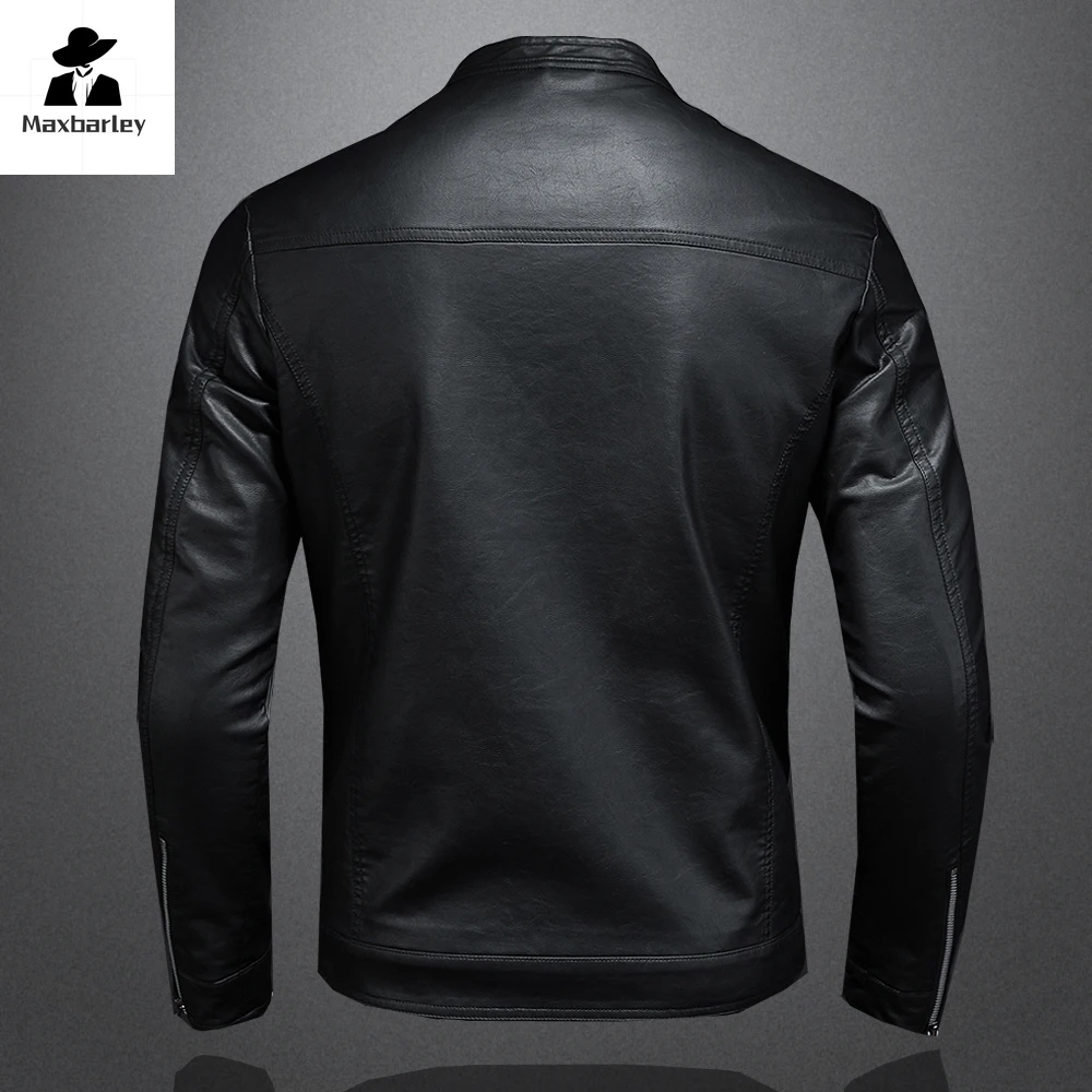 Chaqueta de cuero sintético para hombre, abrigo ajustado con cuello levantado, informal, para motocicleta, primavera y otoño