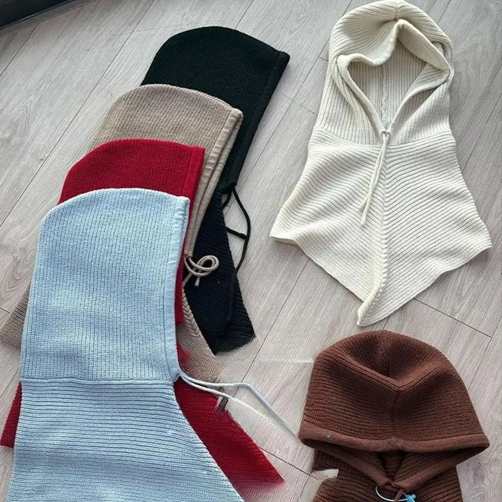 Knitted Balaclava Hat for Women Winter Knitting Hooded Caps Triangle Wrap Drawstring Hats One-Piece neck Collar Beanies Cap