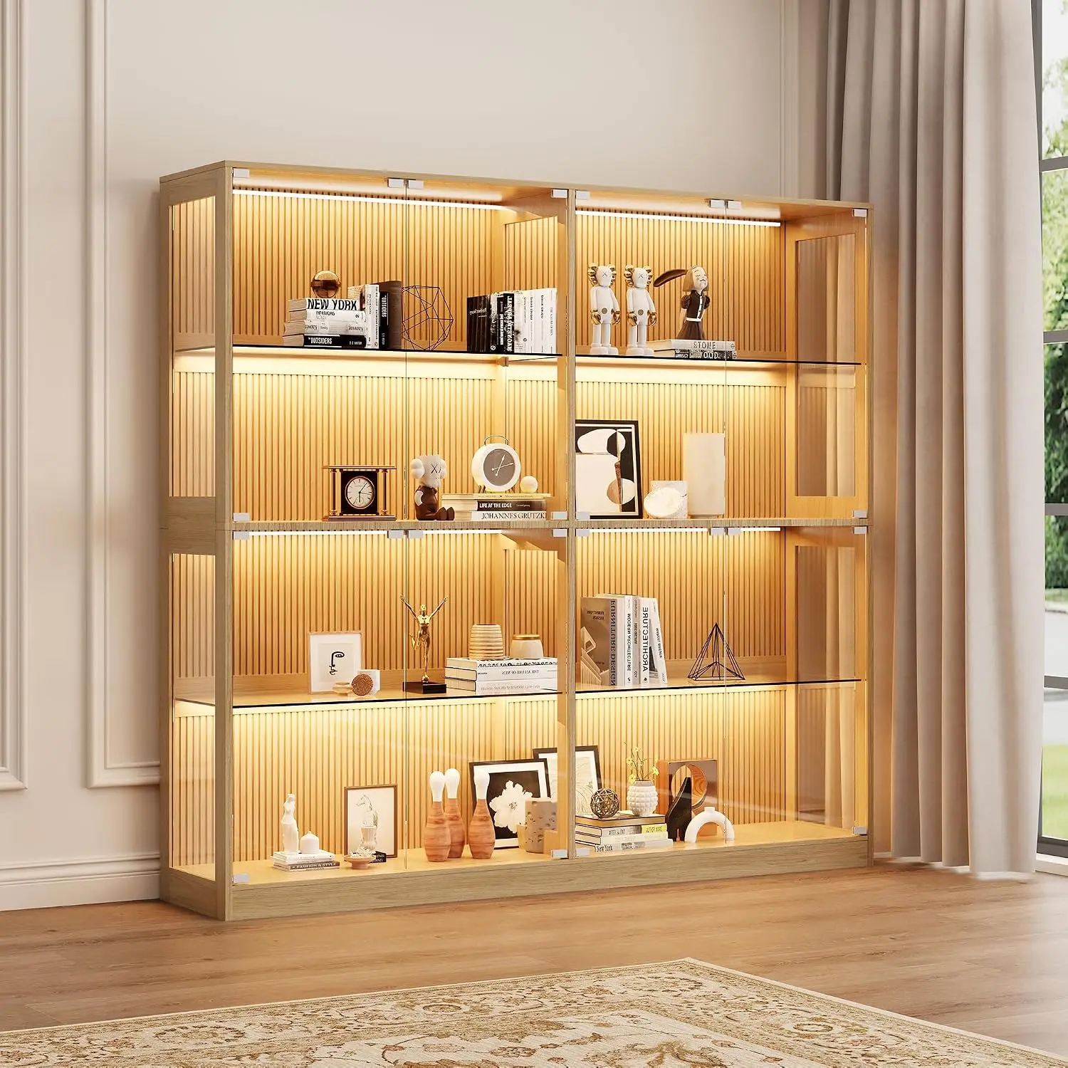 4-Tier Storage, Adjustable Shelves, MDF and Tempered Glass, RGB Lights, for Collectibles, Wood