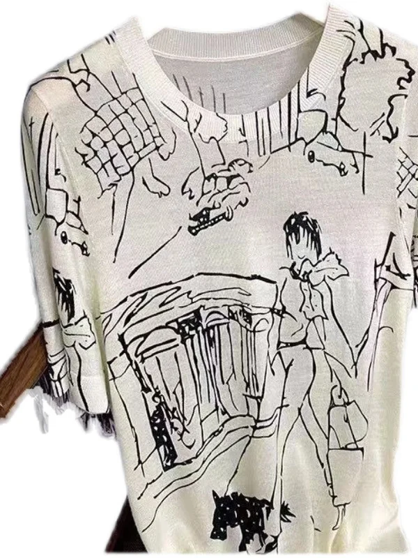 Verão ultra-fino ort-sav malha lã camiseta feminina lindamente girado merino solto redondo ne impresso fiti topo