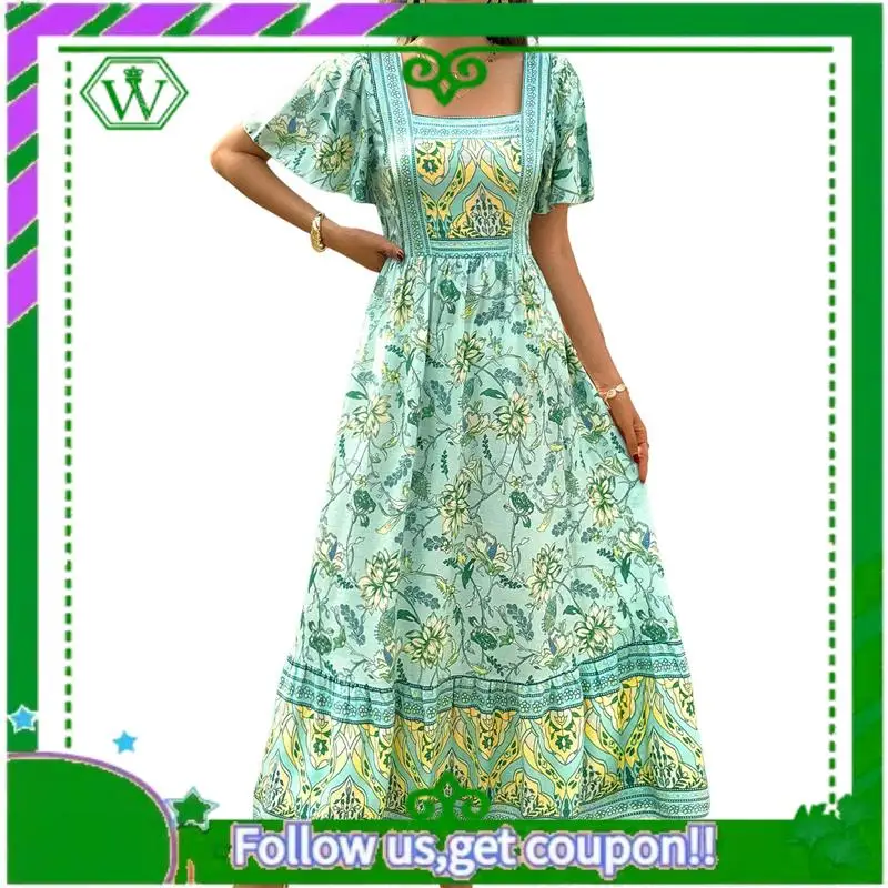 A18P-Mulher 2025 verão manga curta boho estampa floral em camadas casual flowy longo maxi vestido