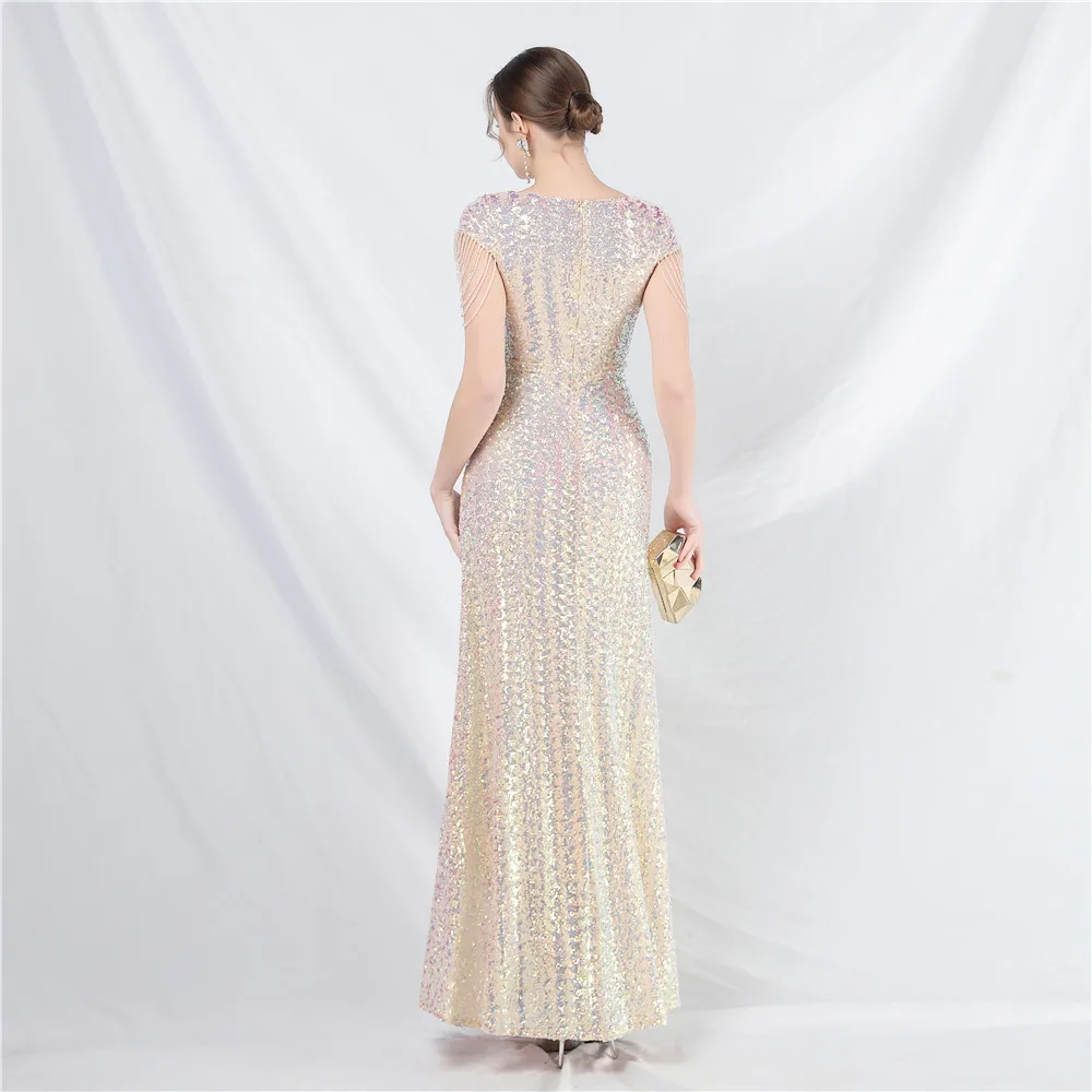 DEERVEADO Elegant A Line V Neck Sequins Evening Dress for Woman Luxury Beading Formal Occasion Dress Special Party Dresses