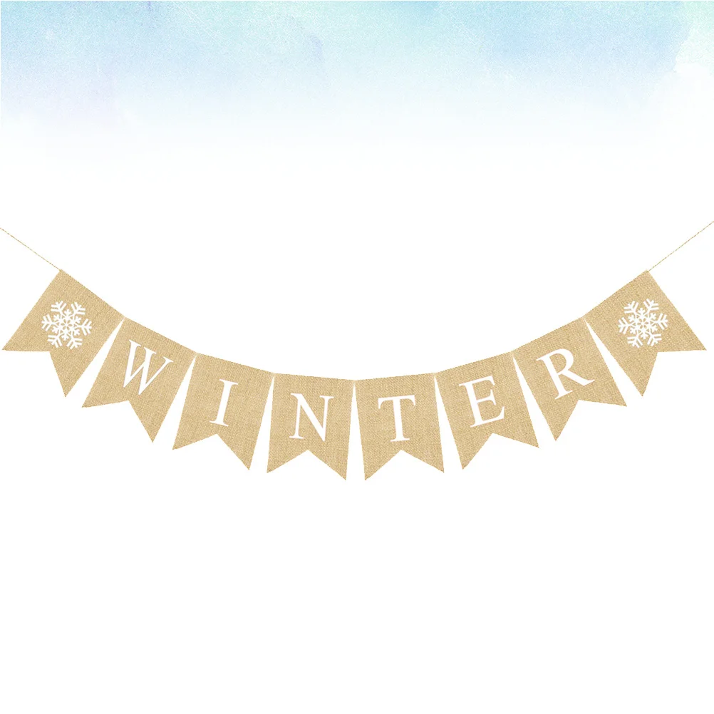 

Winter Party Letter Linen Banner Pull Flag Dovetail Hanging Banner Snowflake Decoration for Room Wall Table Party Decor