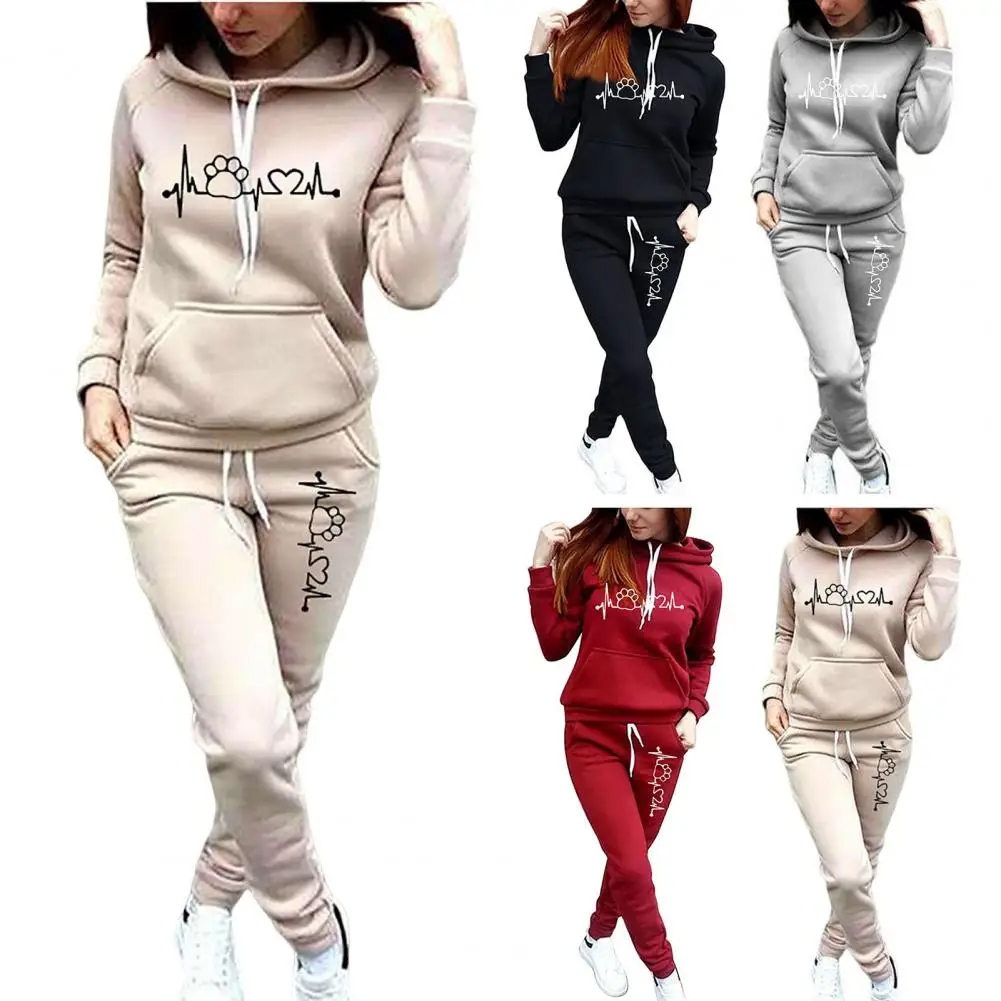 Fashion Sweatshirt Pants Set 3D Cutting Sport Outfit Mid-rise Fall Winter Hooded Slim Fit Casual Tracksuit Cold Resistant