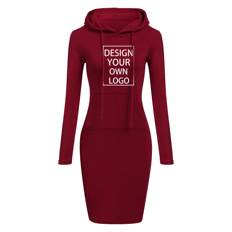 Customized Women Casual Long Hooded Pullovers Loose Fleece Long Dress S-4XL Slim Dress