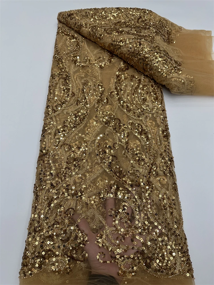 Latest African Lace Fabric, Luxury French Sequins, Mesh Lace Fabric, High-end Handmade Beaded for Wedding, 2026
