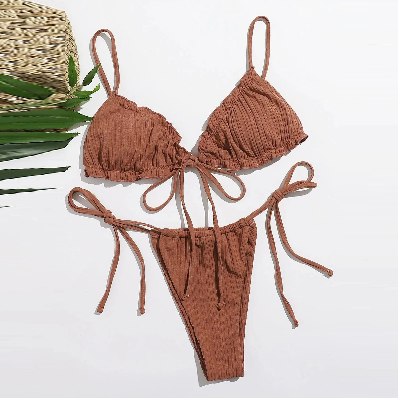 Damskie letnie zestawy seksowne Bikini w jednolitym kolorze 2-częściowe solidne kolorowa, bandażowa Push Up strój kąpielowy Mini stringi Bikini