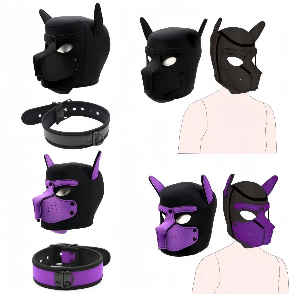 2PC Dog-Mask Full Hooded Headwear with Mouth And Ear Padded M/L Size for Cosplay Costume Puppy Role-Play Couple Games And Party