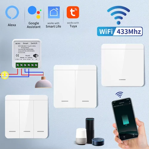 Imagen 1 del producto Interruptor de luz inalámbrico RF de 433MHz, interruptor inteligente Tuya WiFi de 110V y 220V, aplicación Smart Life, Control por voz, funciona con Alexa, Google Home y Alice