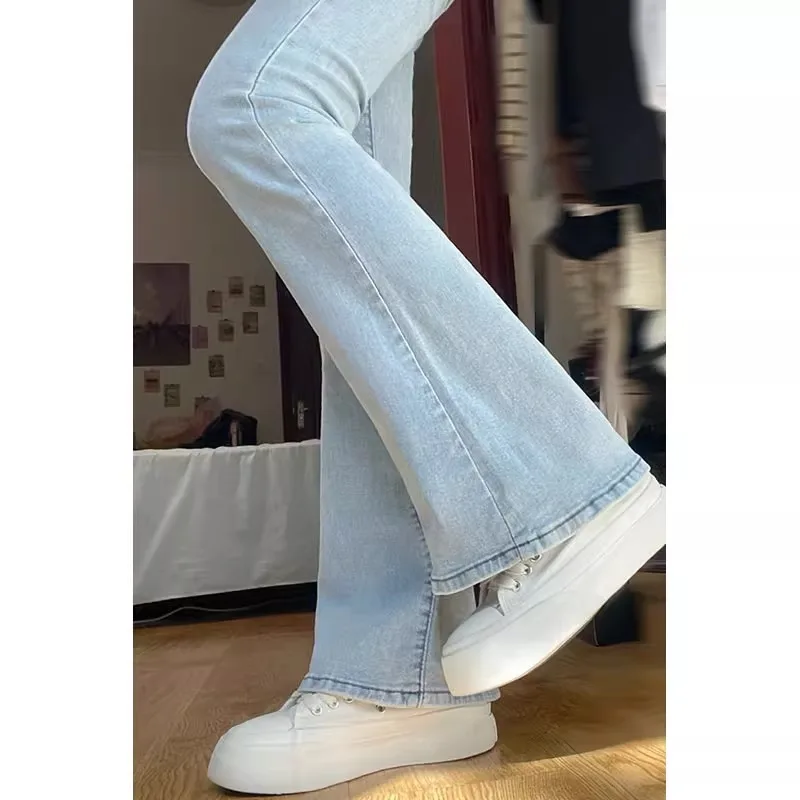 Light Wash High Waist Slim Fit Micro Flared Jeans Women's New 2025 Early Spring Cotton Stretch Denim Trousers Trendy