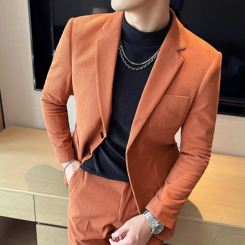 

Brand Corduroy Man Suits Business Slim Fit Casual 2 Pieces Blazer Trousers Groom Wedding Dress Clothing Costume Homme