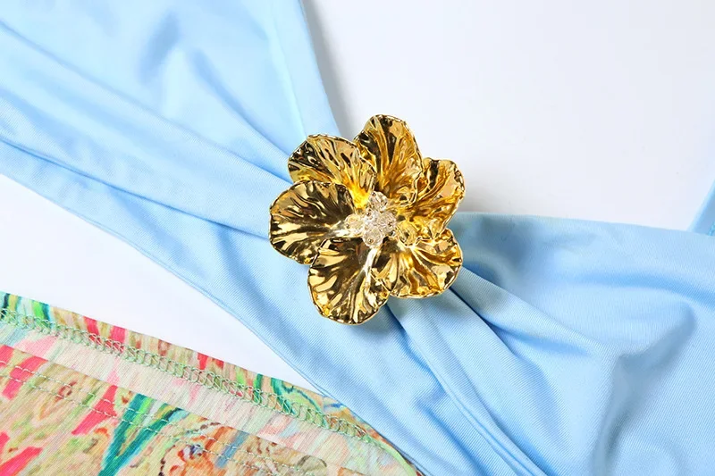 Paisley Print Patchwork Camisole Maxi Dress 2025 New Women Gold Metal Flower Spaghetti Straps Backless Holiday Beach Long Robe