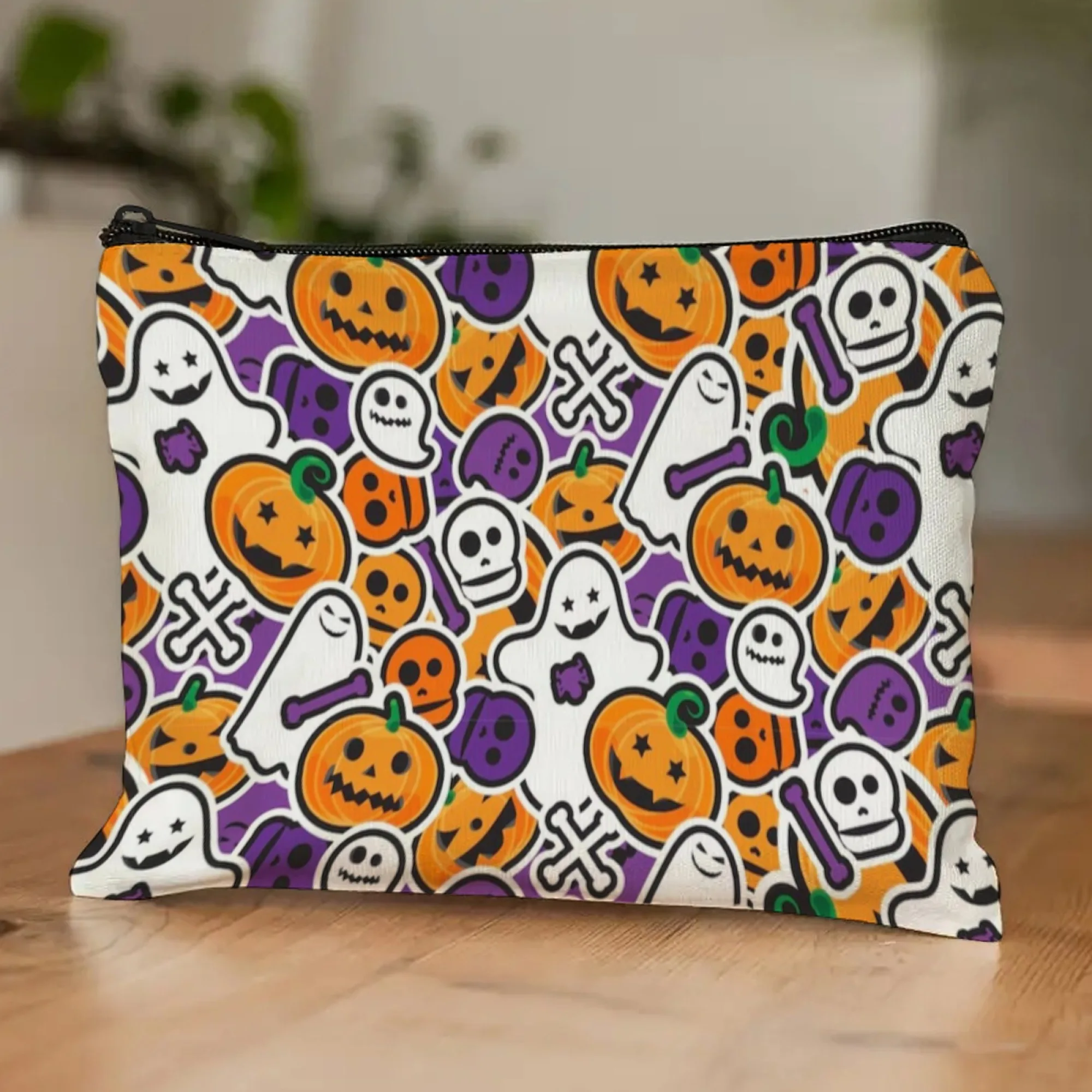Multicolored Cartoon Halloween Cosmetic Bag Pumpkins Ghosts Skulls & Crossbones Prints Compartment for Brushes Lip Glosses