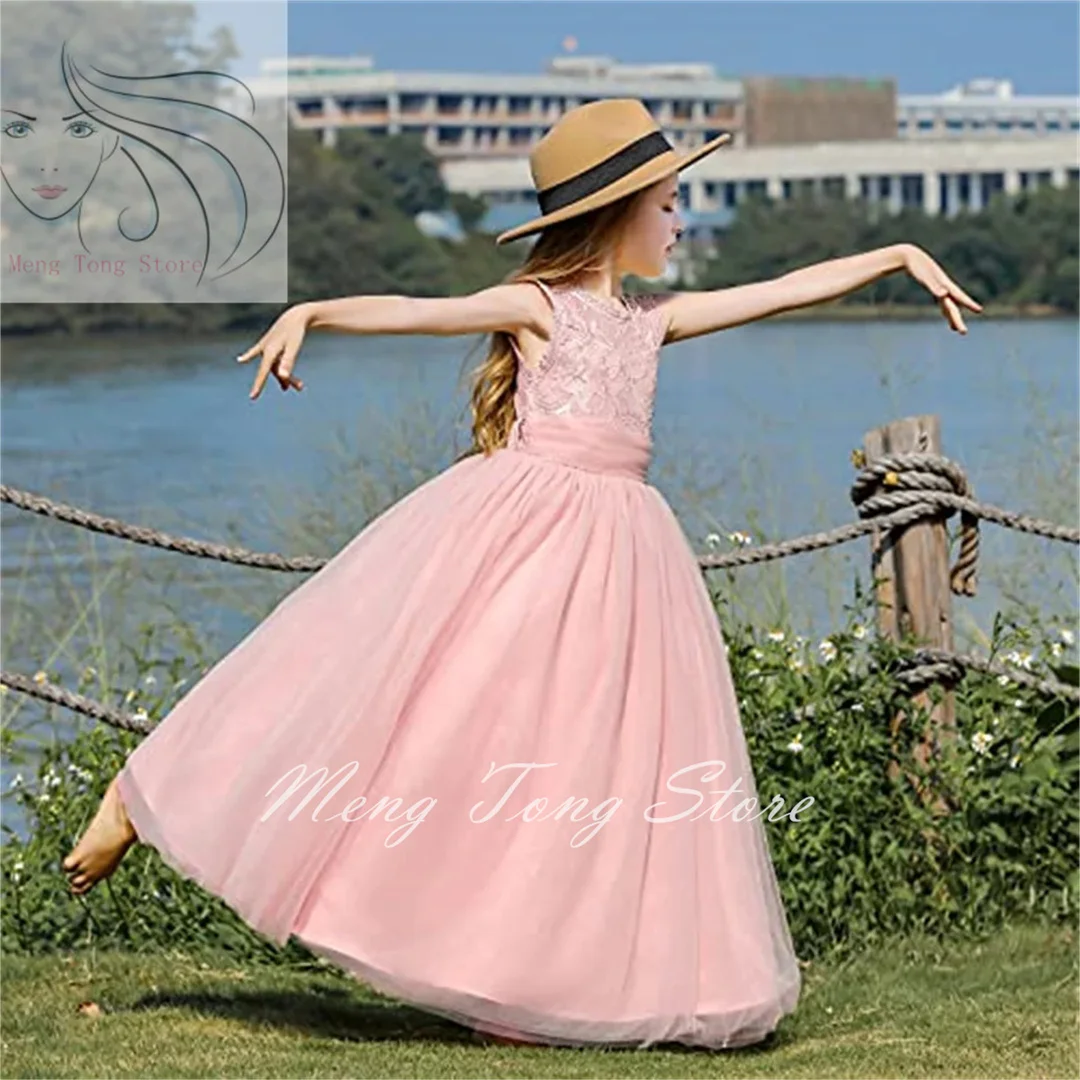 Rosa Tüll flauschige Blumen mädchen Kleid Spitze ärmellose Applikation für Hochzeit Kinder Prinzessin Geburtstags feier Erstkommunion Ballkleider