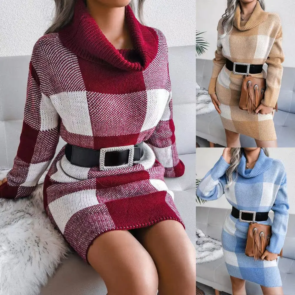 

Autumn Winter Casual Plaid High Ne Knitted Dr Long Sve Independent Station Cross Border Women's Faion Dr