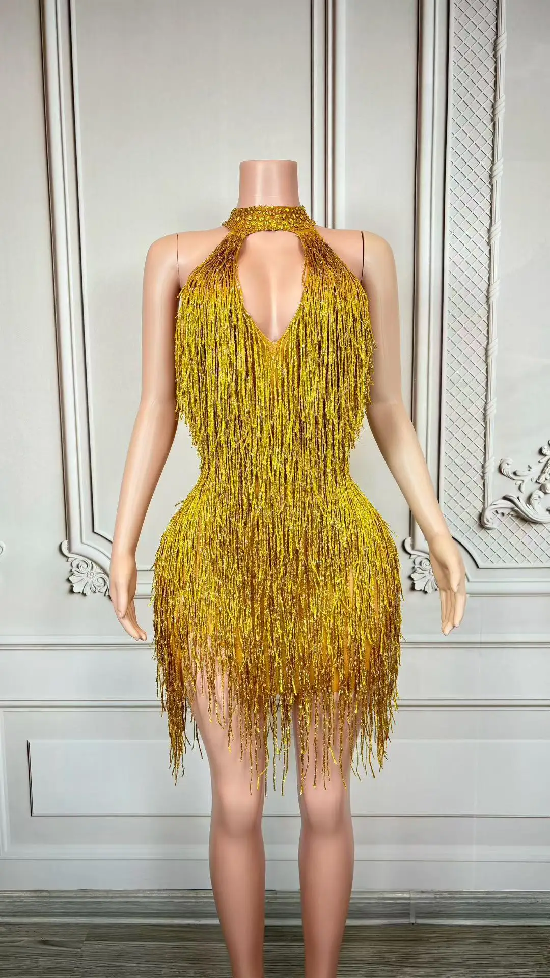 gold fringe halter dress Women Mini Rhinestone Collar Bodycon Mesh Outfit Latin Dance Competition Nightclub Birthday Photoshoot cf-size-child-xl-9-10