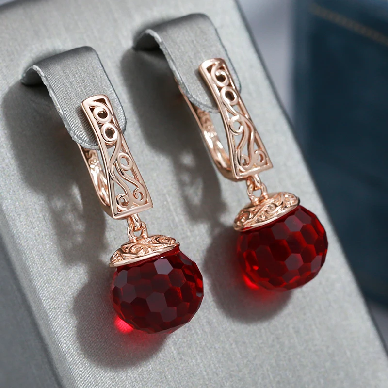 Wbmqda Vintage Red Crystal Ball Drop Earrings For Women 585 Rose Gold Color Luxury Elegant Ethnic Wedding Jewelry Accessories