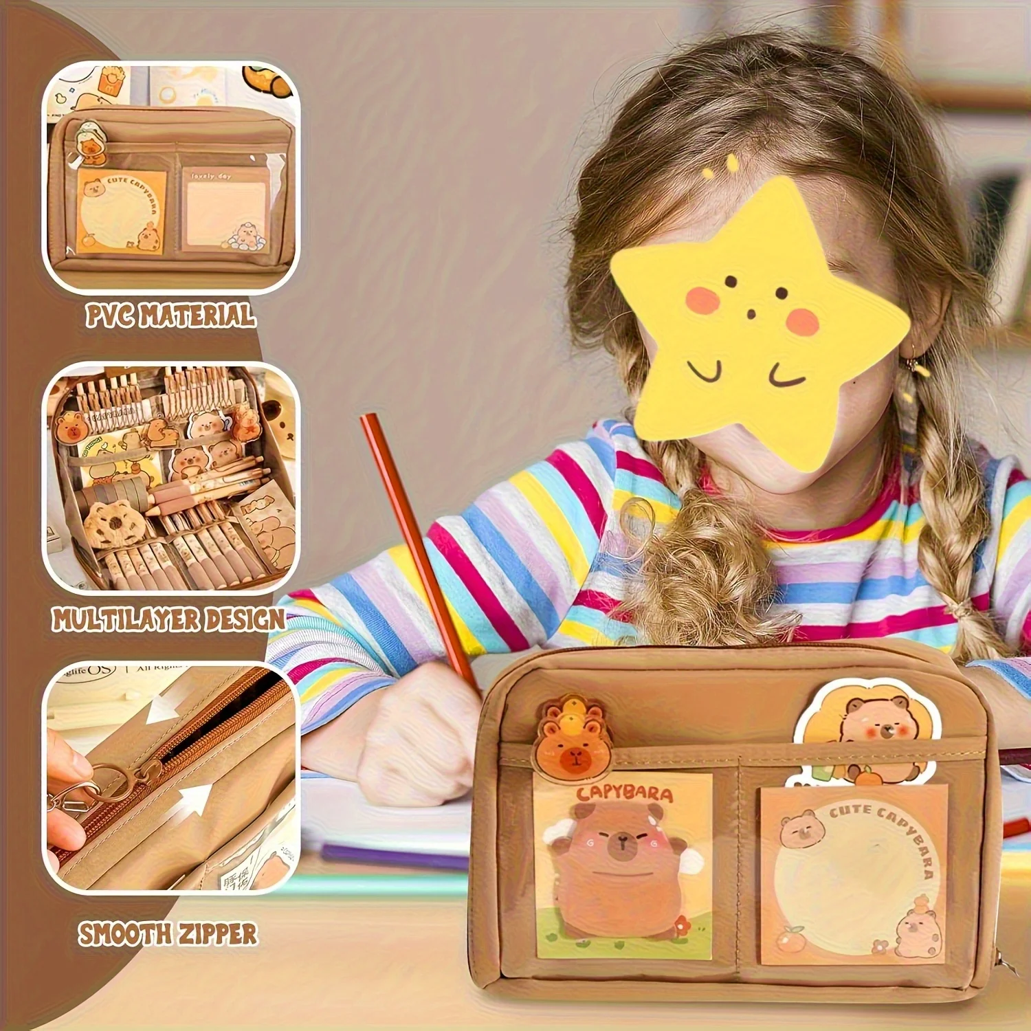 17pcs Capybara Stationery Set, Cute Capybara Pencil Case, Multi-Layer School Pencil Box with Stickers, Keychain, Brooch