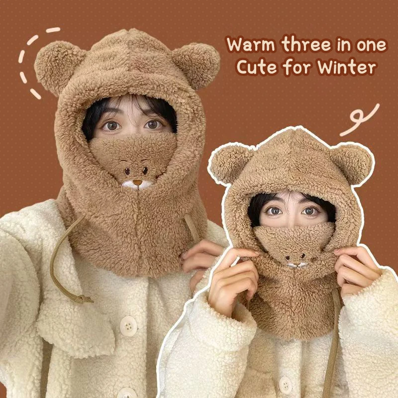 Cartoon Bear Ear Lamb Beanie Hat With Mask Warm Winter Thickened Ear Protection Autumn Skullies Beanies For Women Girl